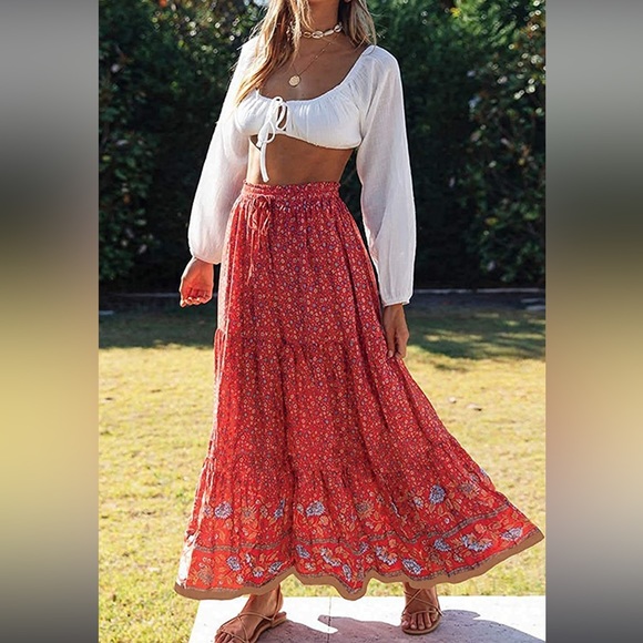 merokeety Dresses & Skirts - MEROKEETY Women's Boho Floral Print Elastic High Waist Midi Skirt